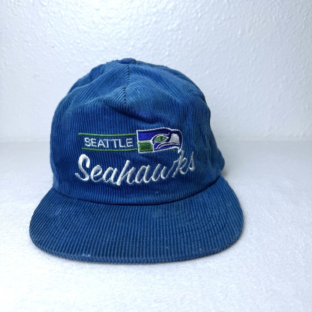 Vintage Seattle Seahawks Script Line Corduroy Snapback Hat ANNCO 1980s NFL